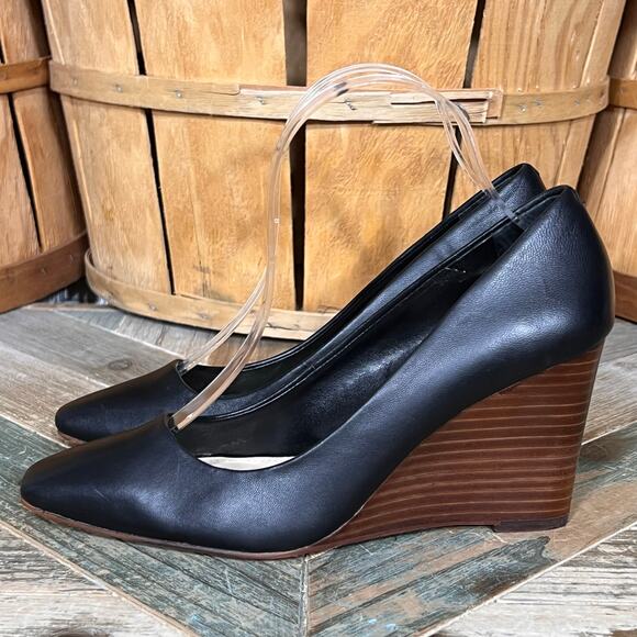 Vince Camuto Dileta Black Leather Square Point Toe Stacked Wedge Pump Womens 7.5 - Picture 2 of 11